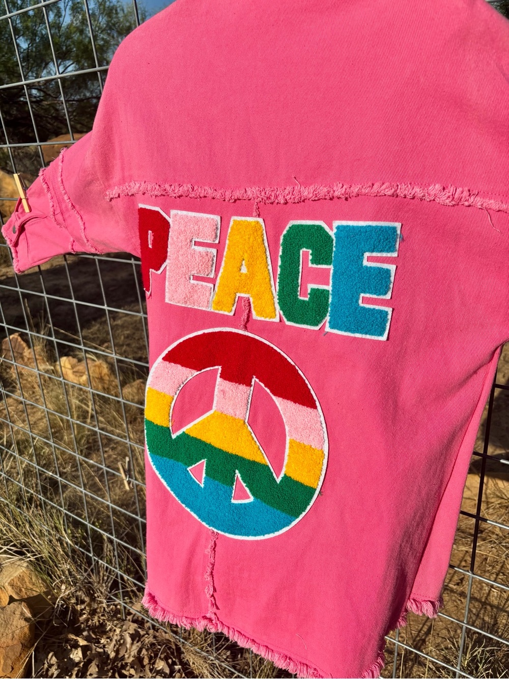 Hot Pink Frayed 'PEACE’ Denim Jacket - Picture 2 of 5